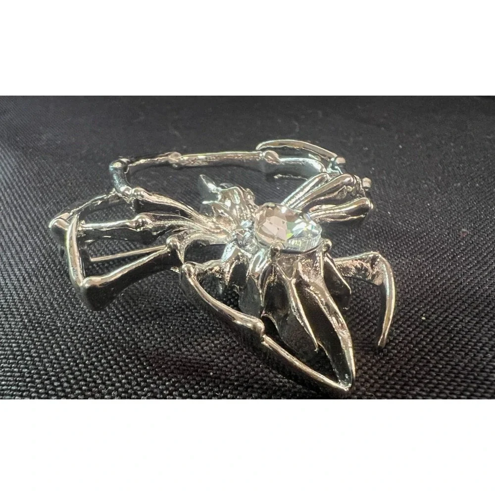 Large Silver‎ Tone Spider Brooch Clear Rhinestone Statement Halloween Gothic